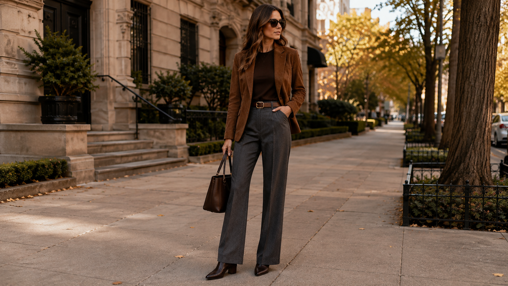 Tailored Suede Blazer with Structured Wool Trousers and Leather Belt Fall Outfit